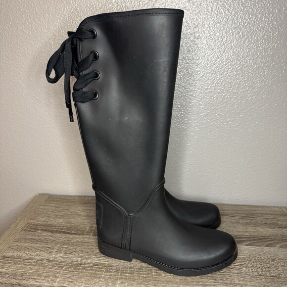 Coach Tristee Size 7B Waterproof Rubber Rain Boots Fleece Lined Corset Lace Up - Picture 3 of 15
